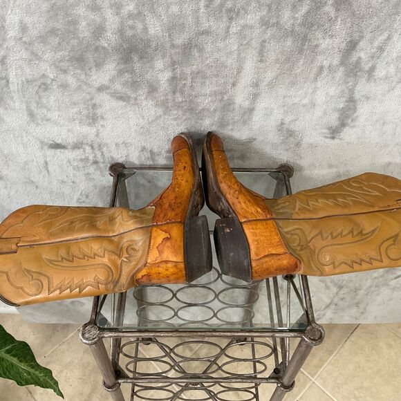Vintage Justin Ostrich Cowboy Boots Mens 10.5 D Two tone tan full quill * - Picture 13 of 16